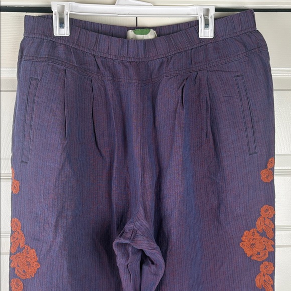 Anthropologie Linen Cropped Elastic Waist Pull-On Embroidered Pants Sz Large - Picture 7 of 14